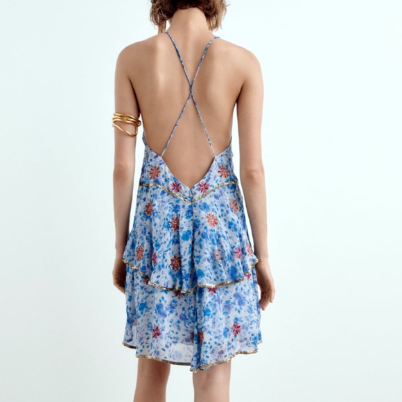 Zara blue and gold sequins and rhinestones backless mini dress NWT - Picture 3 of 16